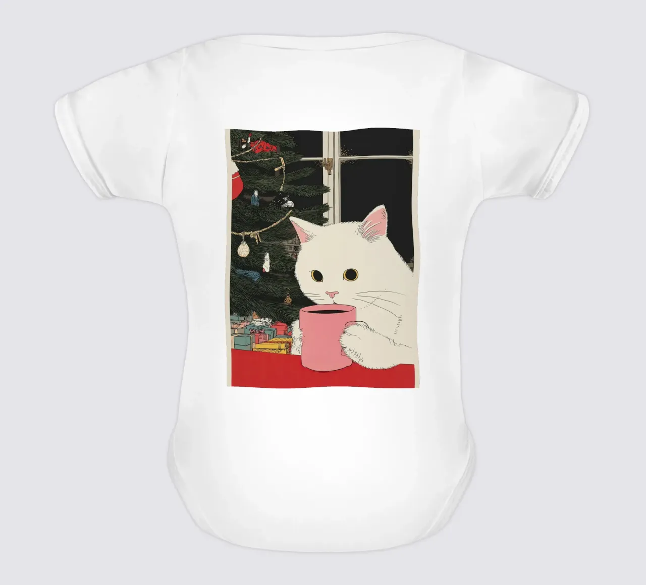 Ist das Glühwein? Weiße Katze & Wein in Kaffeetasse | Weihnachten Kurzarm Babybody von Kaji