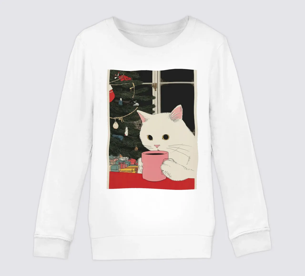 Questo è vino caldo? Gatto bianco e vino in tazza da caffè | Natale felpa bambino da Kaji