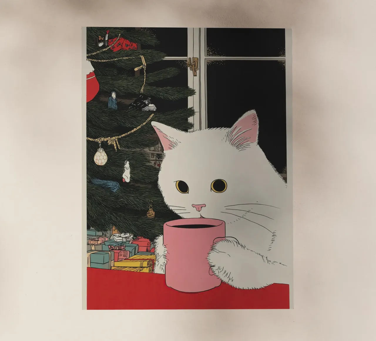 Questo è vino caldo? Gatto bianco e vino in tazza da caffè | Natale pellicola backlit da Kaji