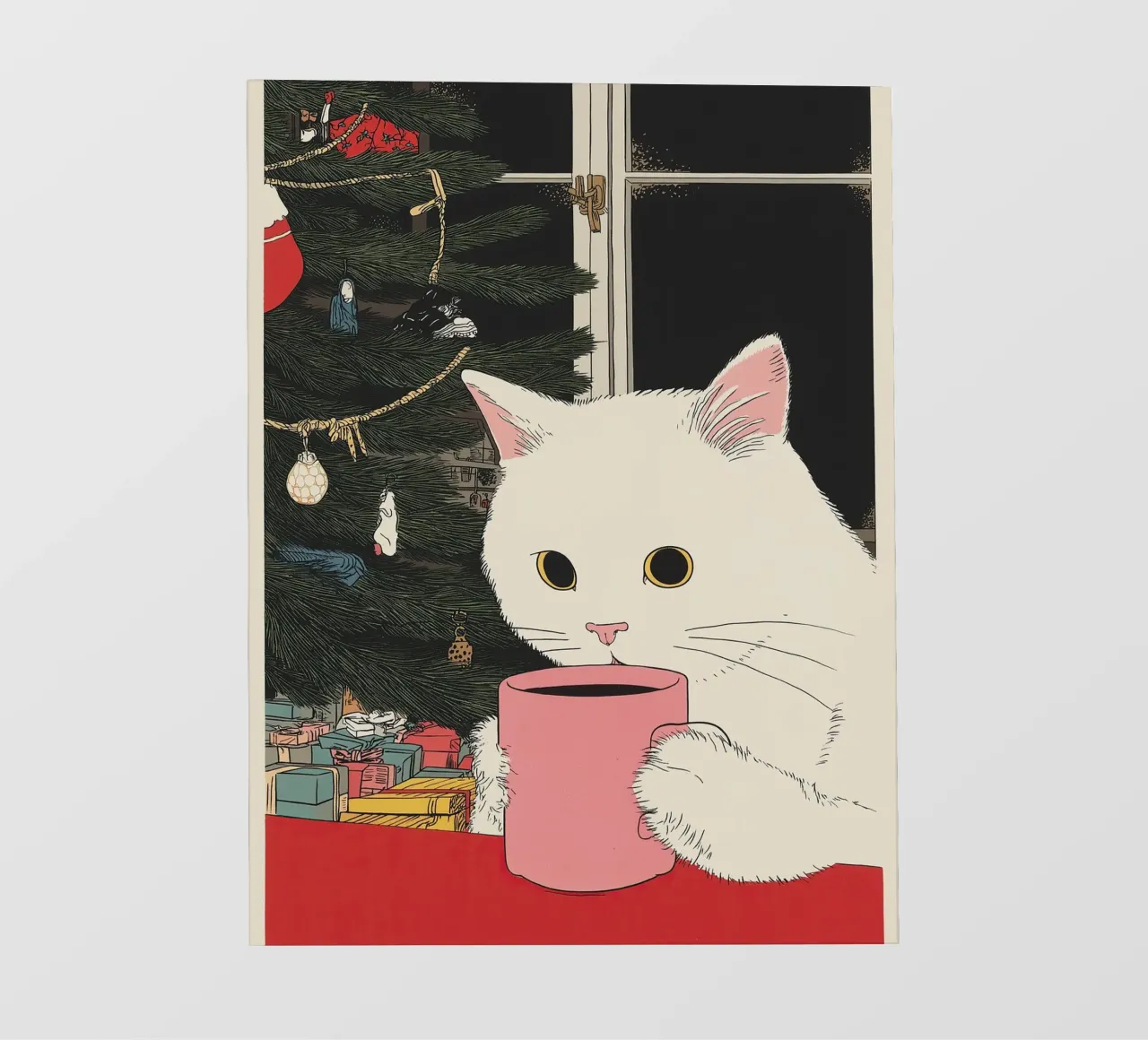 Questo è vino caldo? Gatto bianco e vino in tazza da caffè | Natale pellicola backlit da Kaji