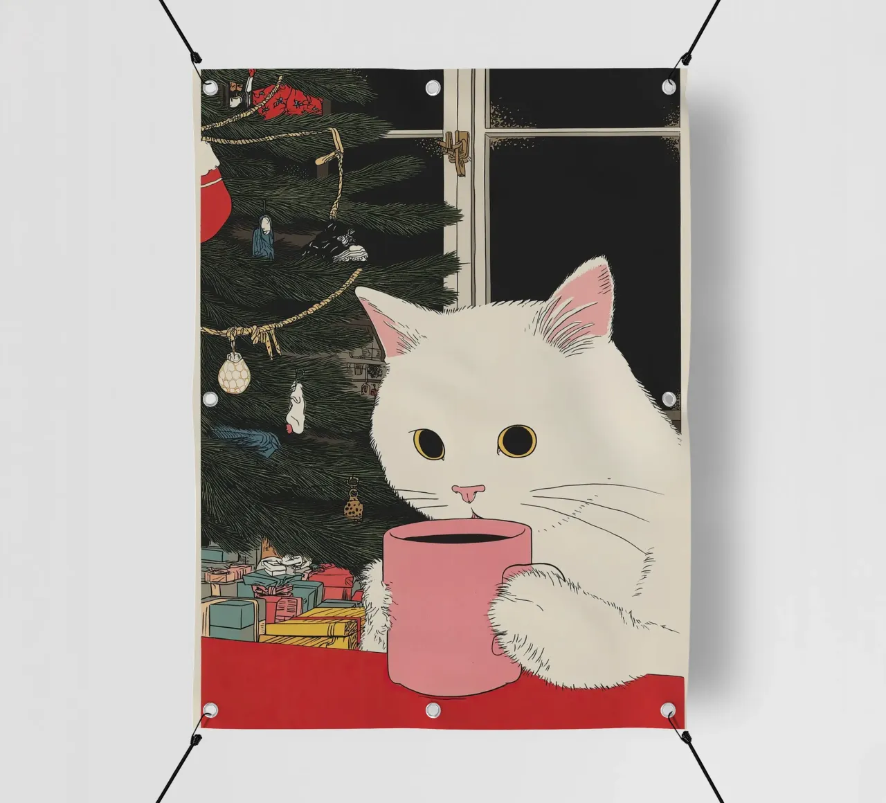 Questo è vino caldo? Gatto bianco e vino in tazza da caffè | Natale telo in pvc da Kaji