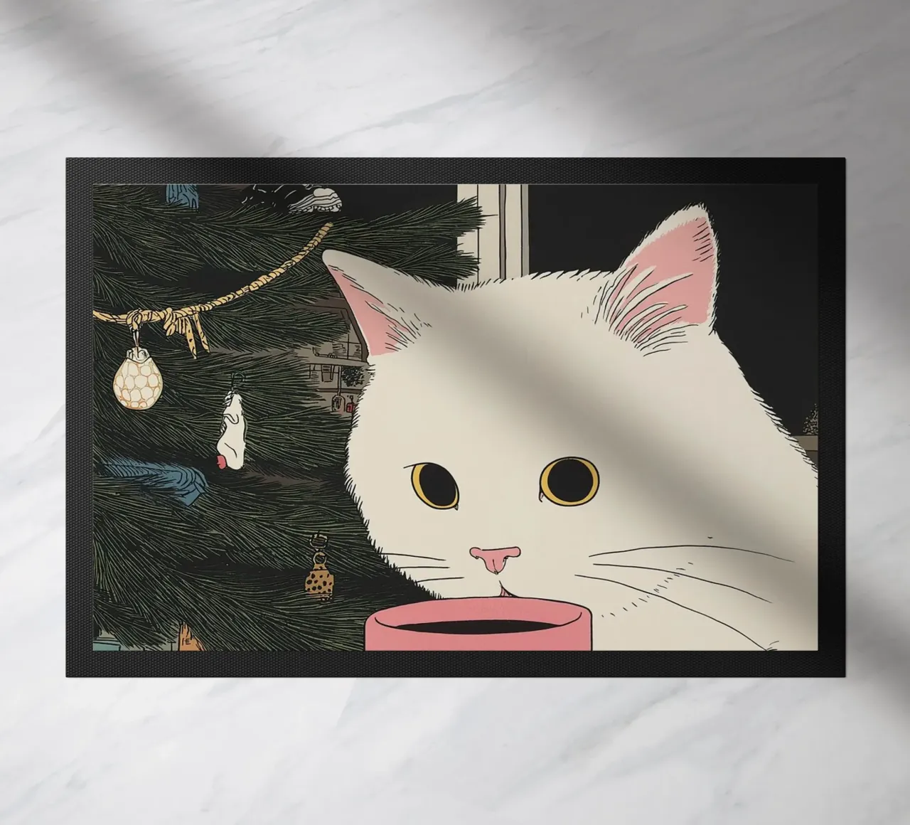 Questo è vino caldo? Gatto bianco e vino in tazza da caffè | Natale zerbino da Kaji