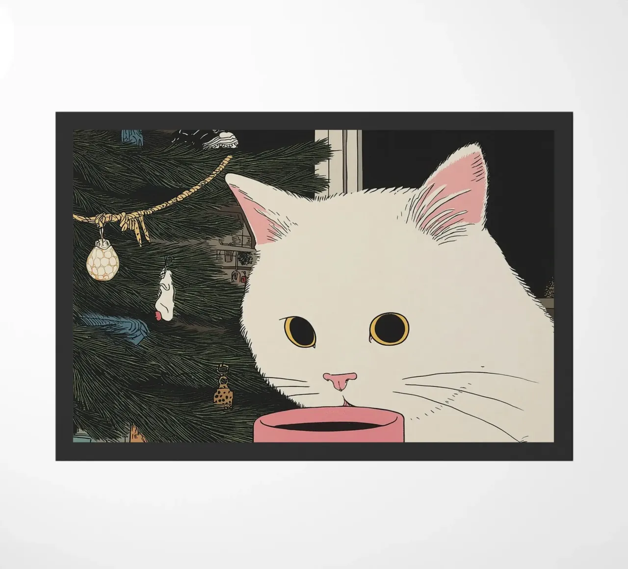 Questo è vino caldo? Gatto bianco e vino in tazza da caffè | Natale zerbino da Kaji