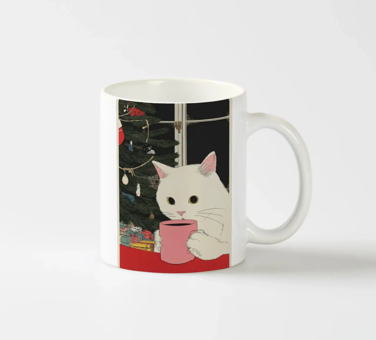 Questo è vino caldo? Gatto bianco e vino in tazza da caffè | Natale tazza in ceramica da Kaji