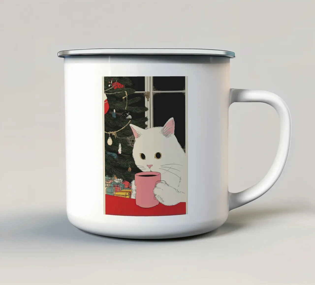 Questo è vino caldo? Gatto bianco e vino in tazza da caffè | Natale tazza in smalto da Kaji