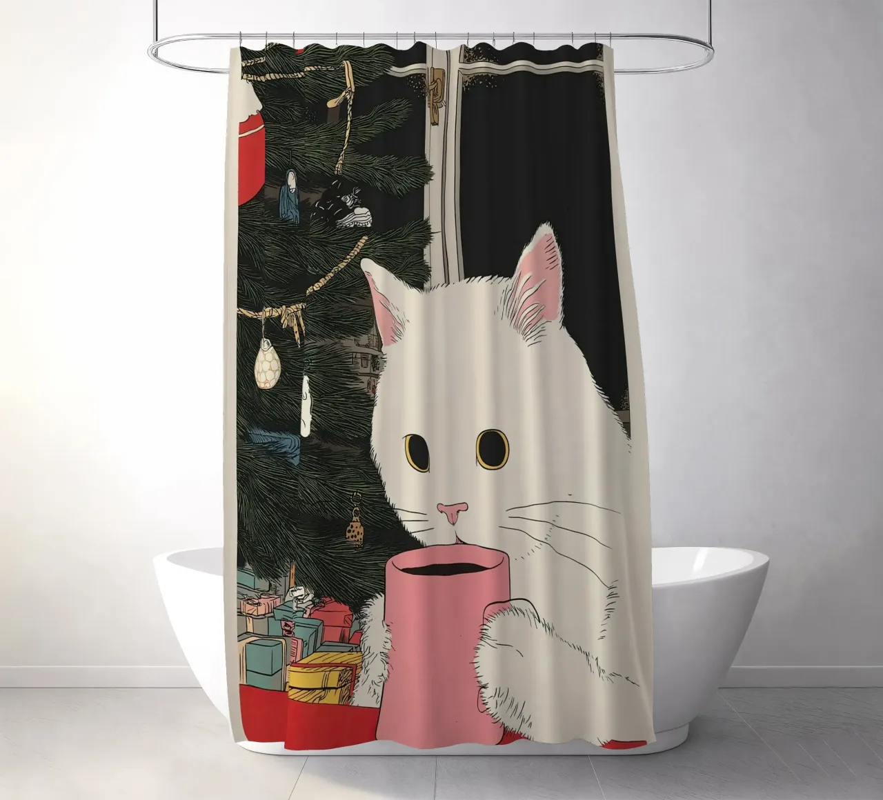Ist das Glühwein? Weiße Katze & Wein in Kaffeetasse | Weihnachten Duschvorhang von Kaji