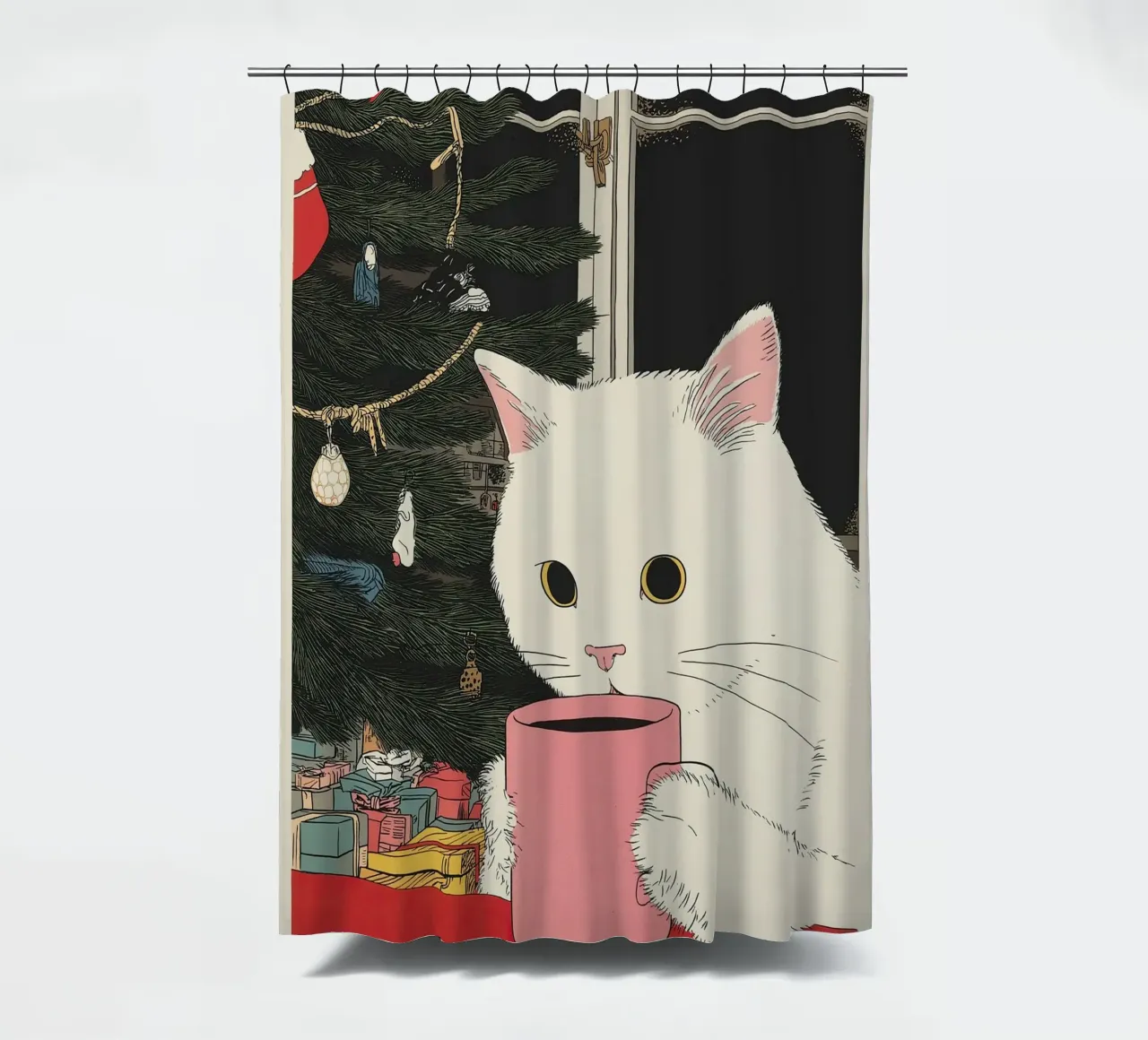 Ist das Glühwein? Weiße Katze & Wein in Kaffeetasse | Weihnachten Duschvorhang von Kaji