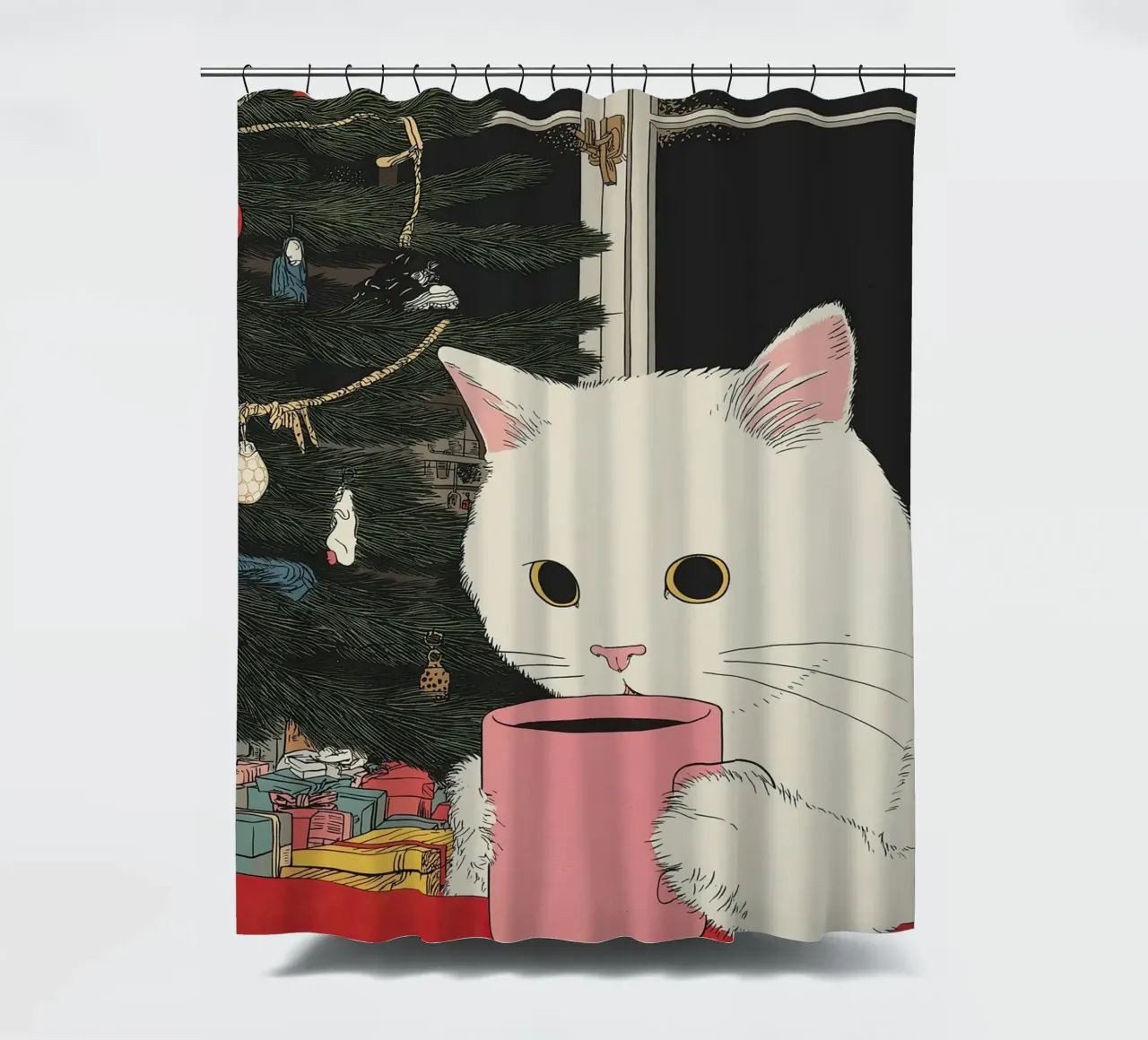 Ist das Glühwein? Weiße Katze & Wein in Kaffeetasse | Weihnachten Duschvorhang von Kaji