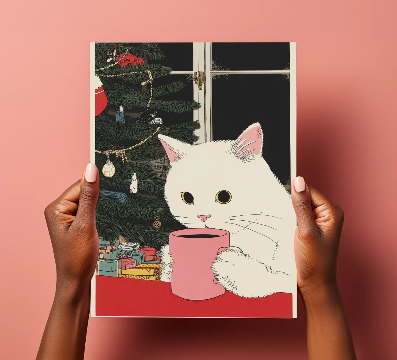 Ist das Glühwein? Weiße Katze & Wein in Kaffeetasse | Weihnachten Stickerbogen von Kaji