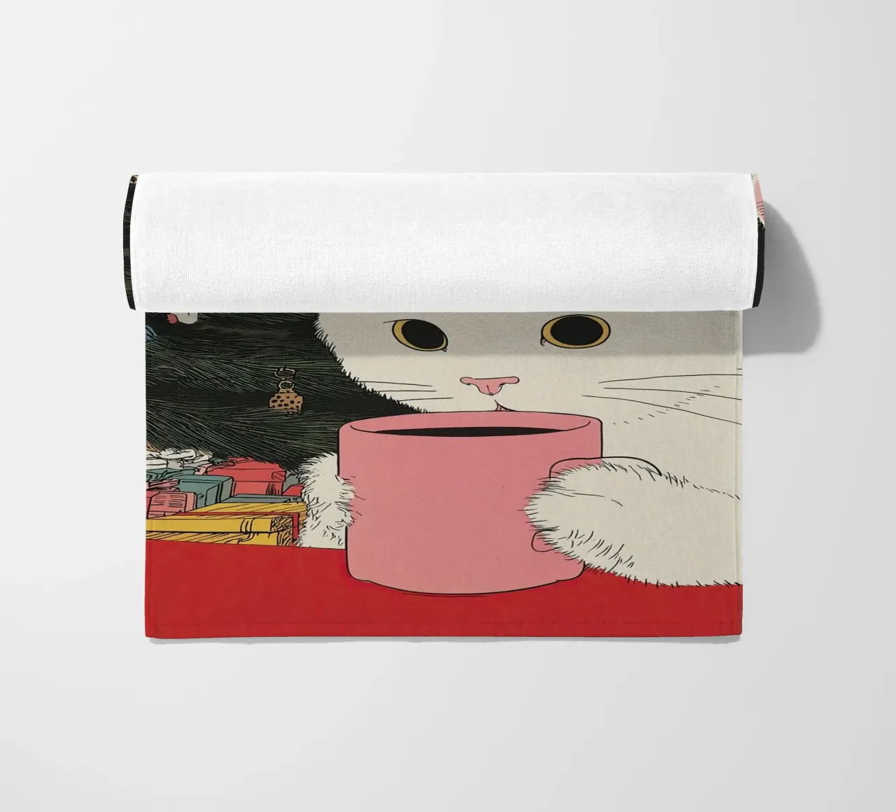 Questo è vino caldo? Gatto bianco e vino in tazza da caffè | Natale telo mare da Kaji