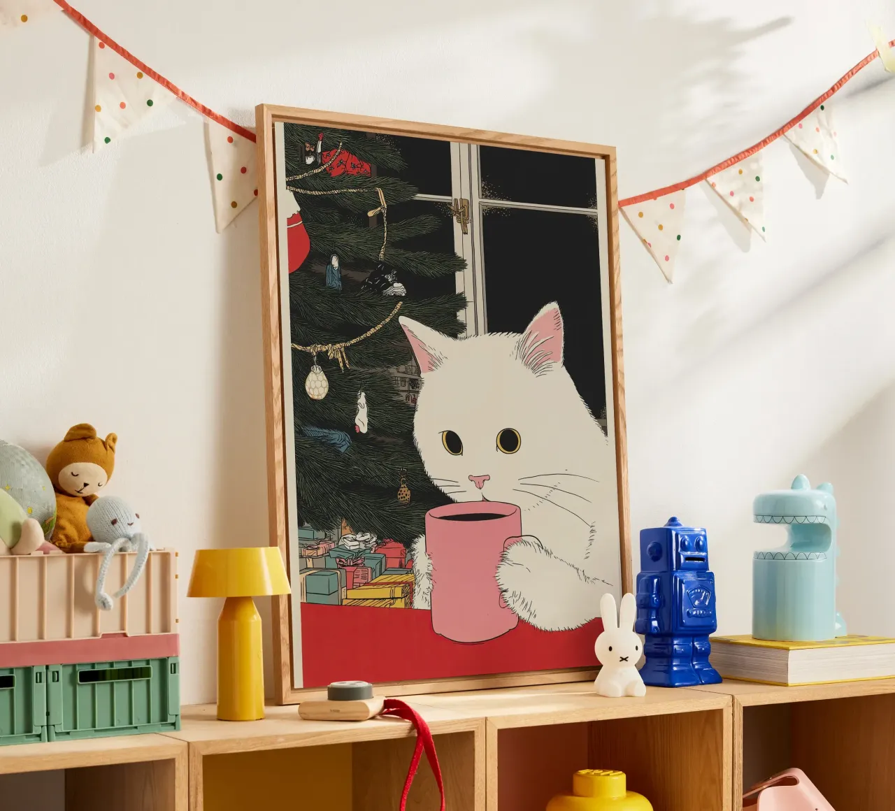 Questo è vino caldo? Gatto bianco e vino in tazza da caffè | Natale plexiglass da Kaji