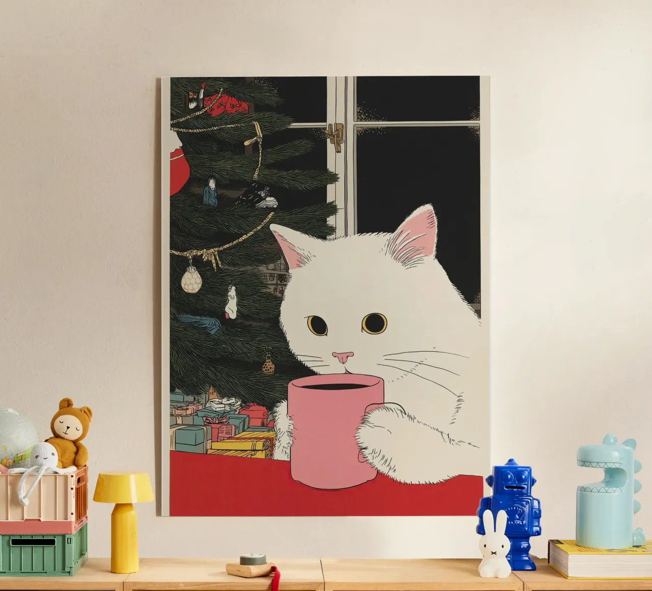 Questo è vino caldo? Gatto bianco e vino in tazza da caffè | Natale plexiglass da Kaji