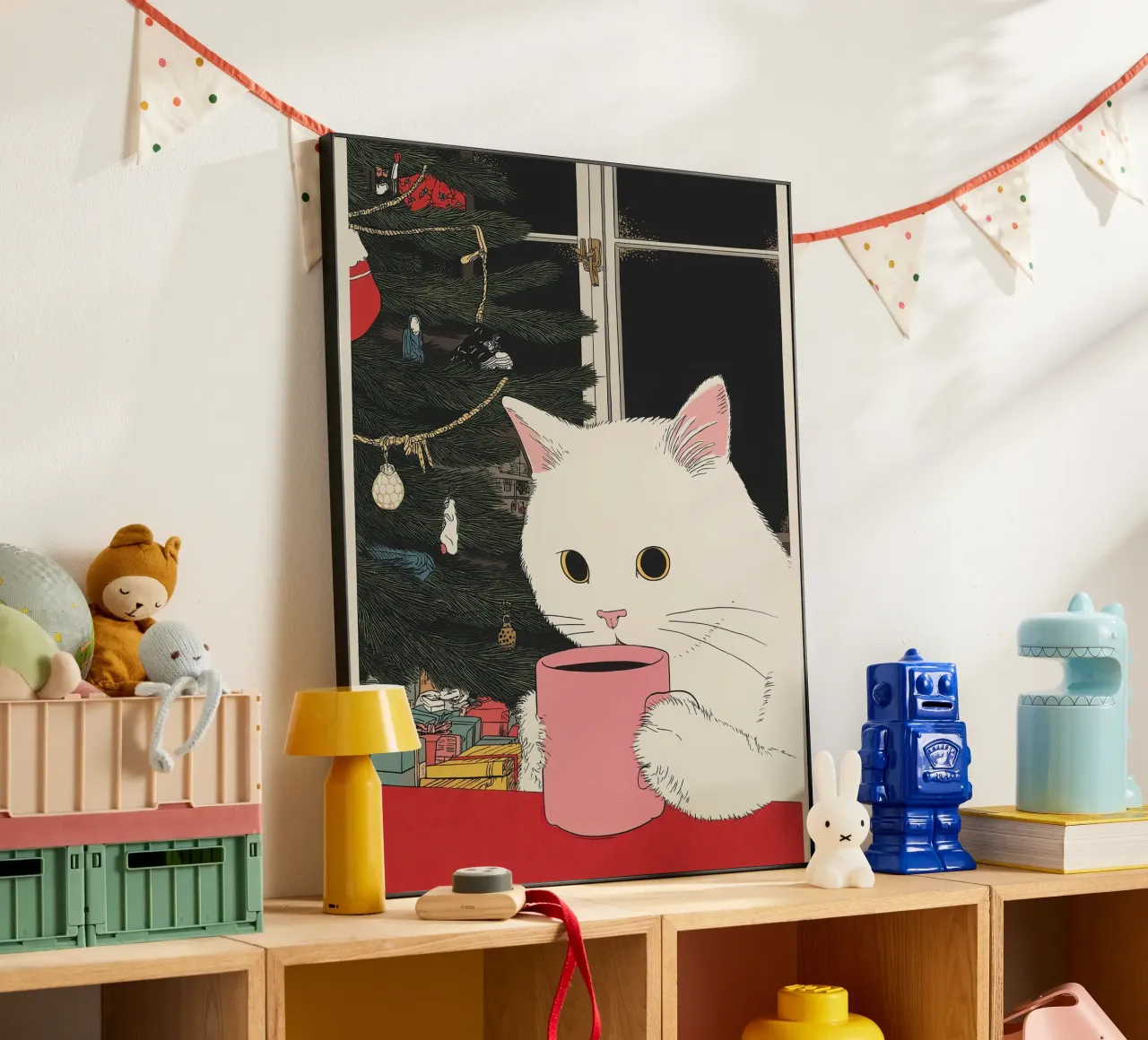 Questo è vino caldo? Gatto bianco e vino in tazza da caffè | Natale alluminio dibond da Kaji