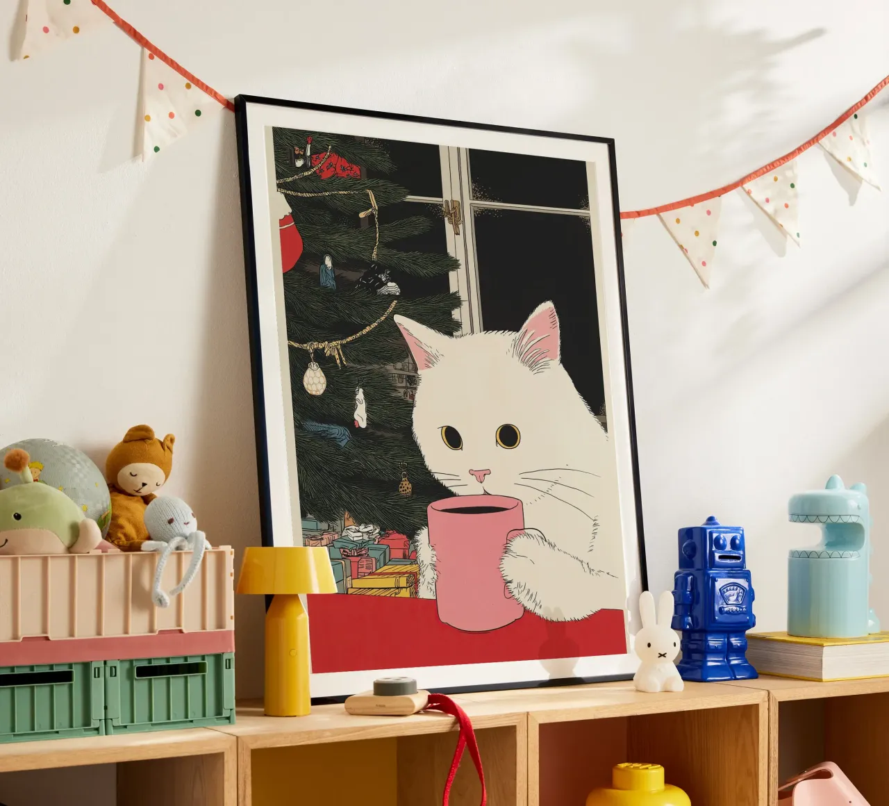 Questo è vino caldo? Gatto bianco e vino in tazza da caffè | Natale carta hahnemühle da Kaji
