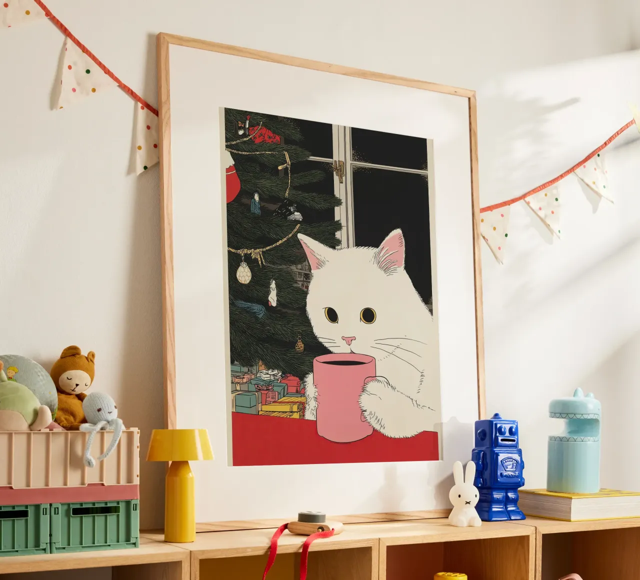 Questo è vino caldo? Gatto bianco e vino in tazza da caffè | Natale carta hahnemühle da Kaji
