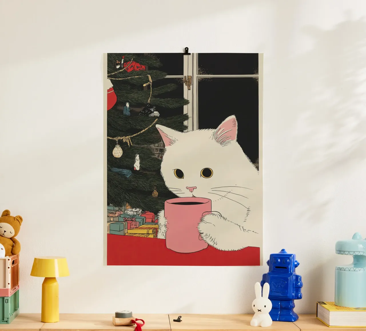 Questo è vino caldo? Gatto bianco e vino in tazza da caffè | Natale carta hahnemühle da Kaji