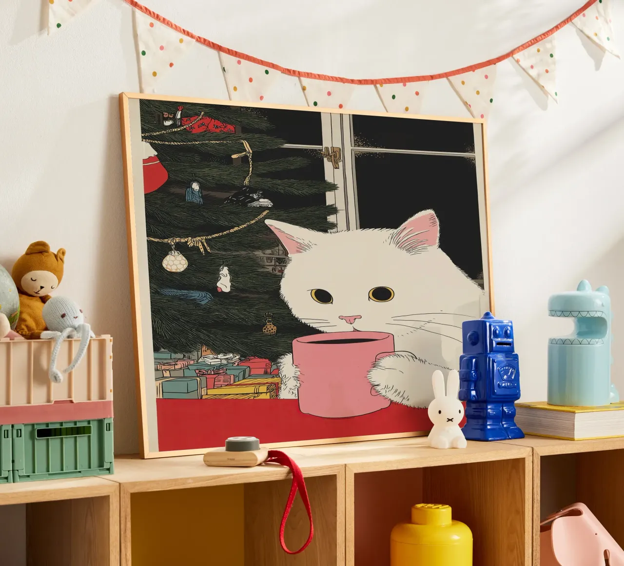 Questo è vino caldo? Gatto bianco e vino in tazza da caffè | Natale carta hahnemühle da Kaji
