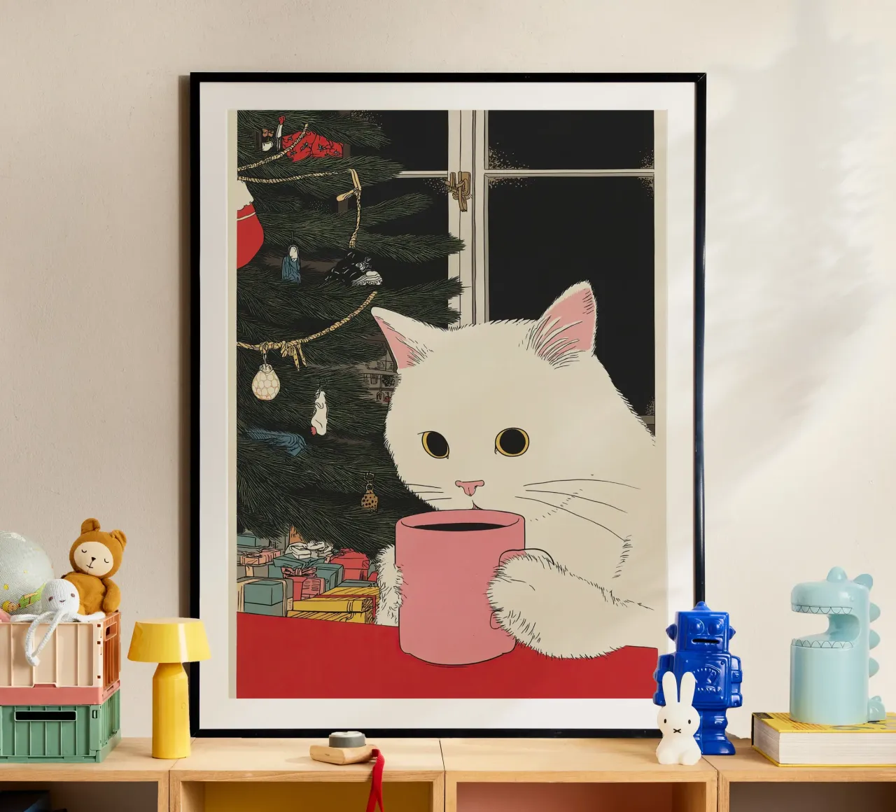 Questo è vino caldo? Gatto bianco e vino in tazza da caffè | Natale carta hahnemühle da Kaji