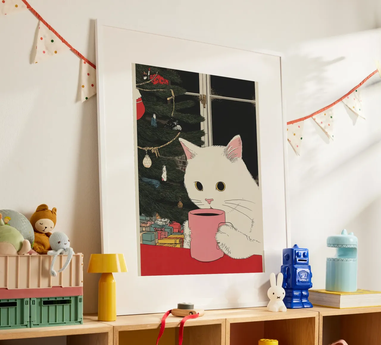 Questo è vino caldo? Gatto bianco e vino in tazza da caffè | Natale carta hahnemühle da Kaji