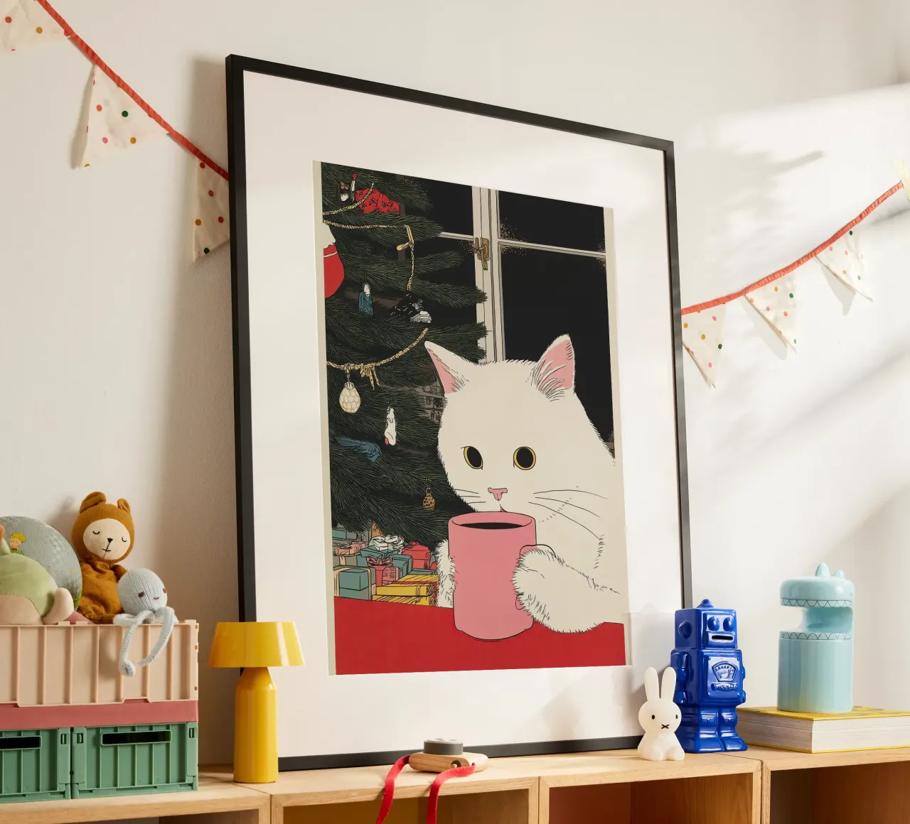 Questo è vino caldo? Gatto bianco e vino in tazza da caffè | Natale carta hahnemühle da Kaji