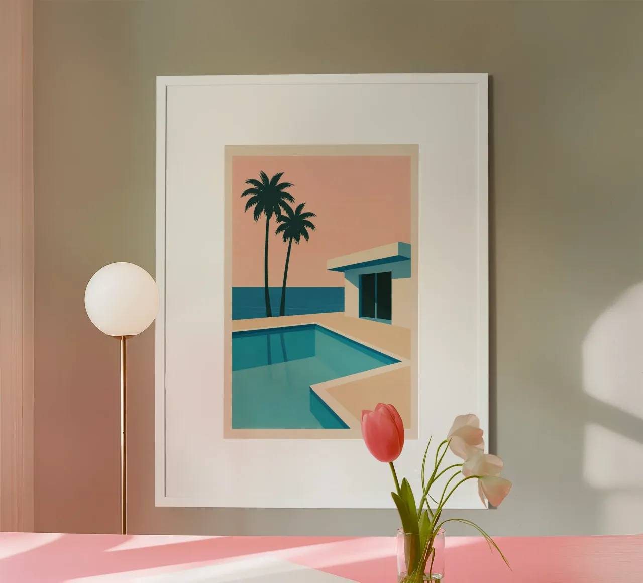 Stampa minimalista MCM Synthwave Poolside Palms | Pink Sky carta hahnemühle da Bakara