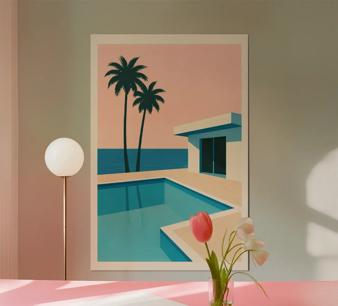 Stampa minimalista MCM Synthwave Poolside Palms | Pink Sky carta hahnemühle da Bakara