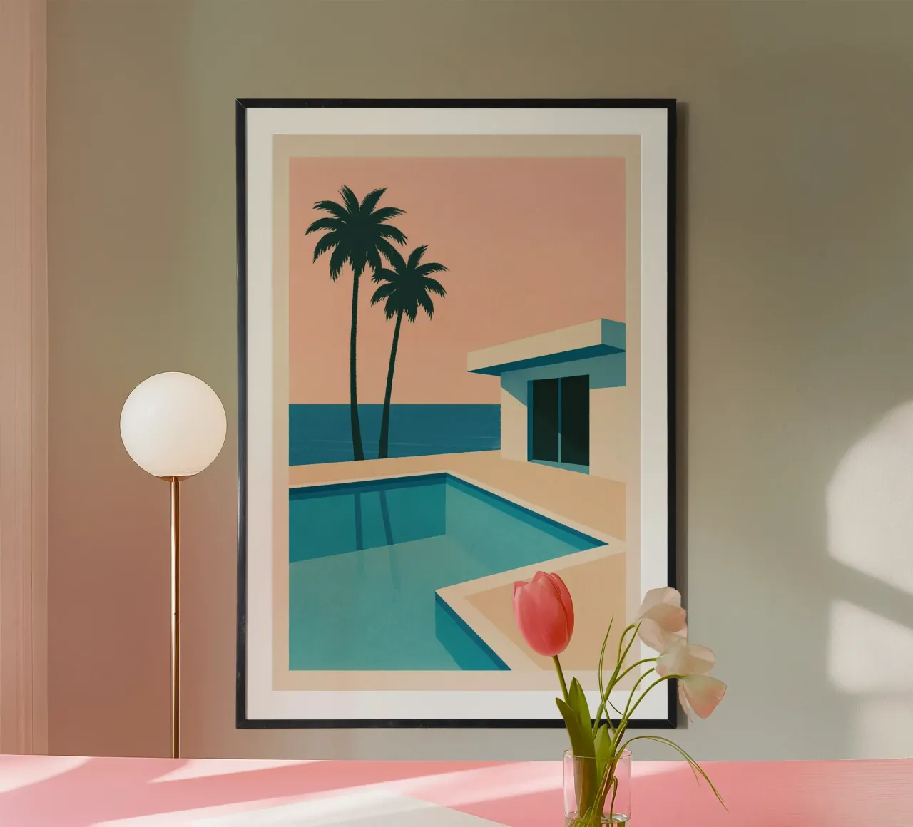 Stampa minimalista MCM Synthwave Poolside Palms | Pink Sky carta hahnemühle da Bakara