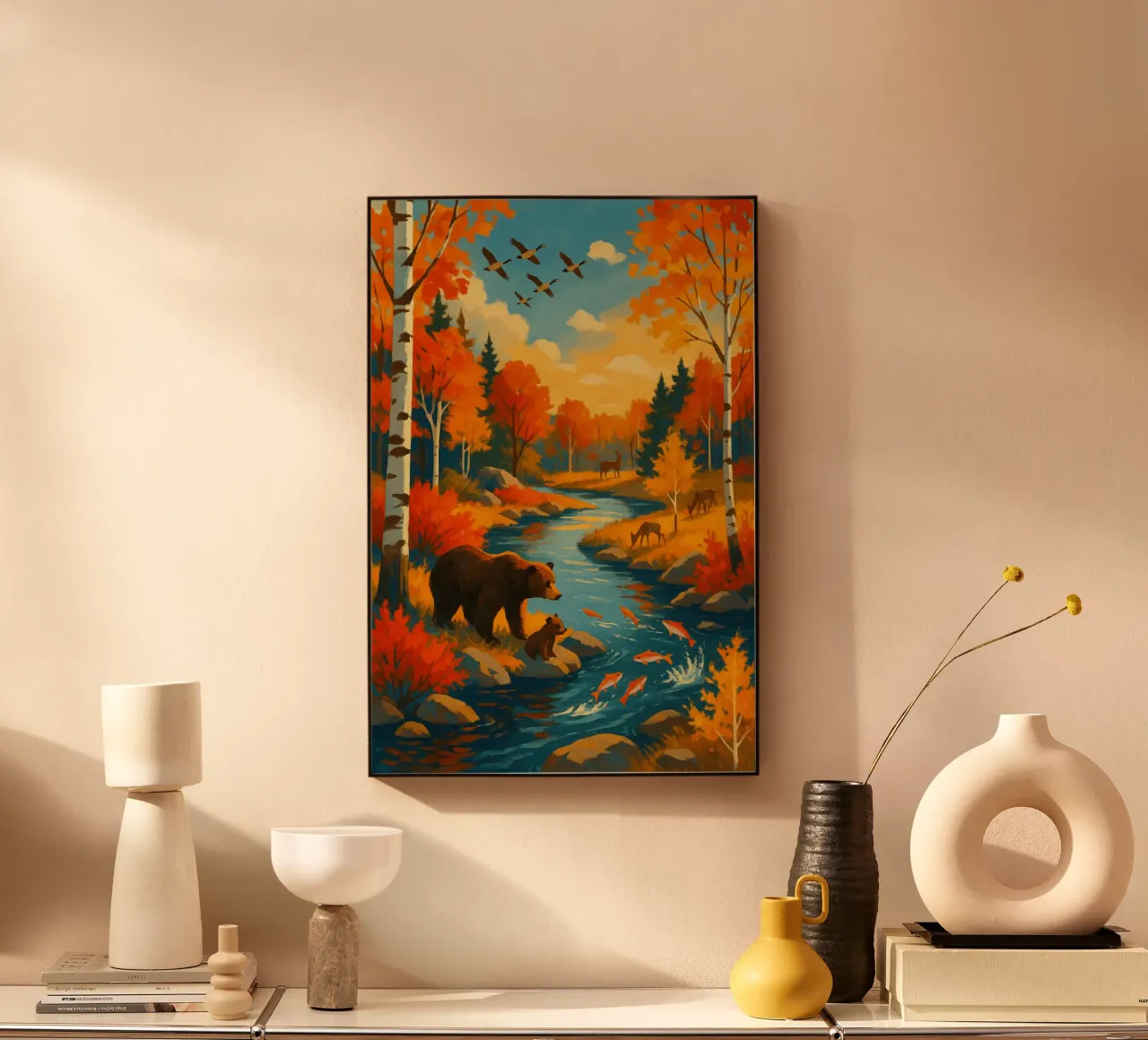 Otoño Salmon Run Bears | Expressionist Wilderness River Art metacrilato de Bakara