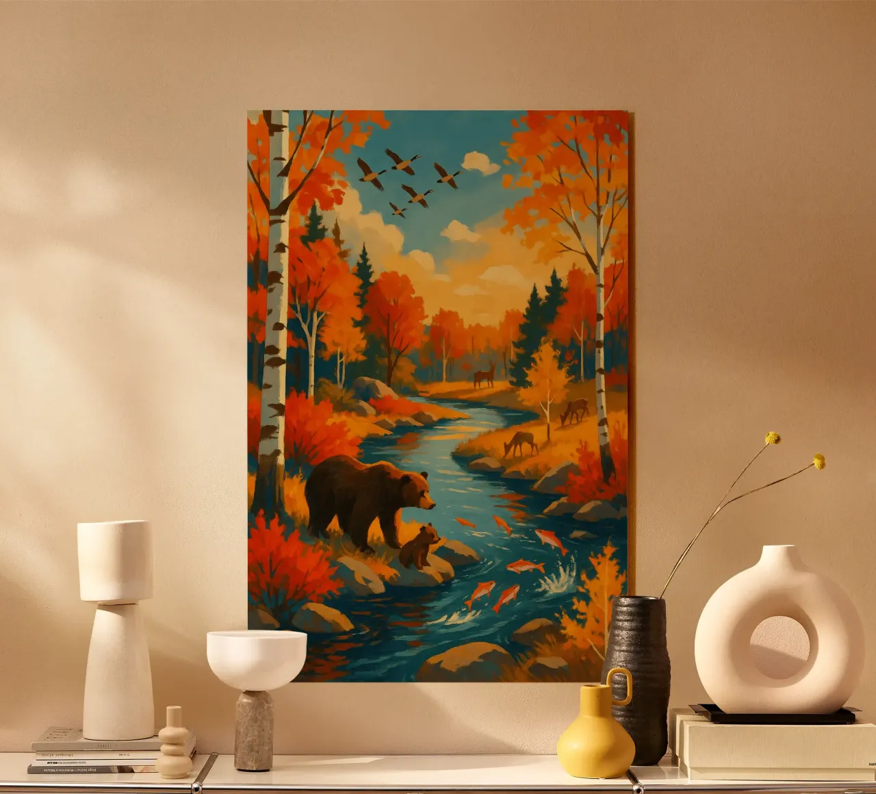 Otoño Salmon Run Bears | Expressionist Wilderness River Art metacrilato de Bakara