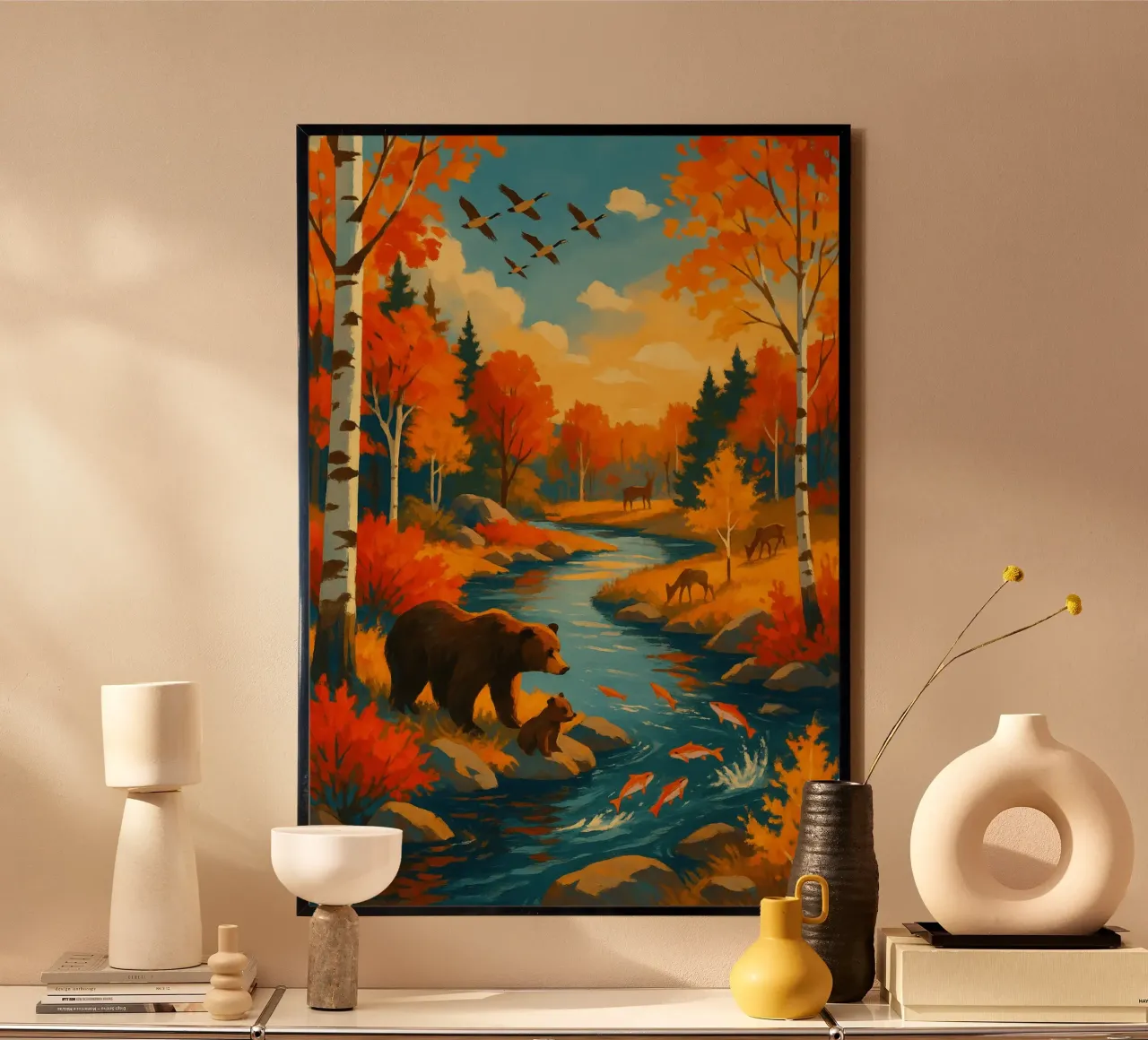 Otoño Salmon Run Bears | Expressionist Wilderness River Art hahnemühle de Bakara