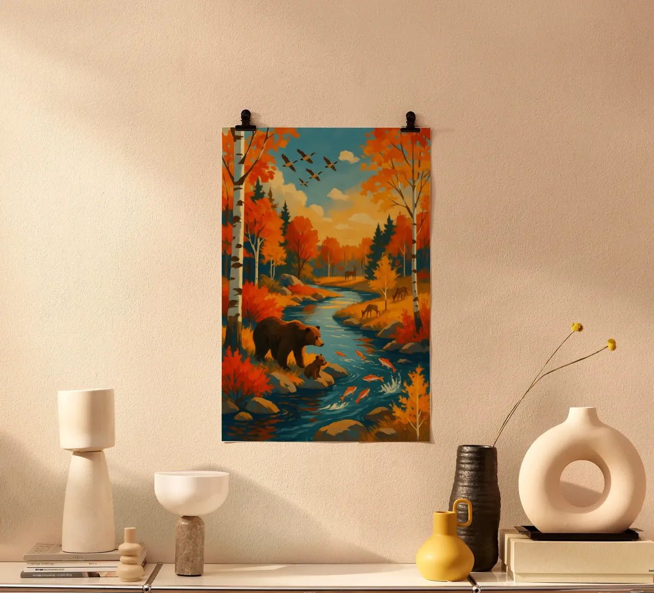Otoño Salmon Run Bears | Expressionist Wilderness River Art hahnemühle de Bakara