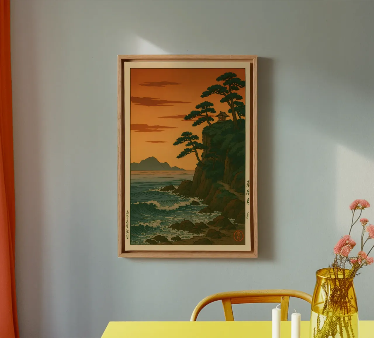 Cliffside Shrine Zonsondergang | Shin-hanga Kustgolven Print canvas van Bakara