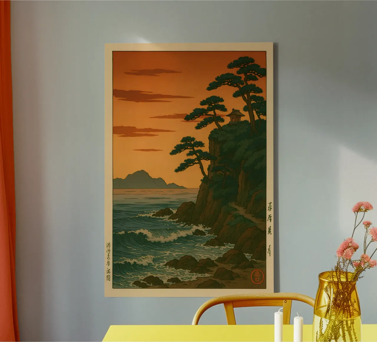 Cliffside Shrine Zonsondergang | Shin-hanga Kustgolven Print canvas van Bakara