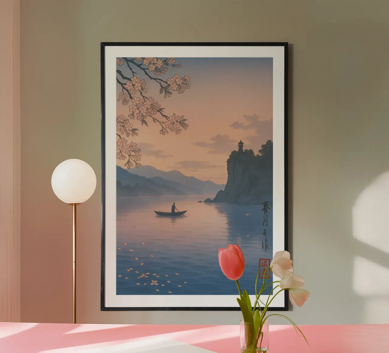 Sakura Roeiboot Schemering | Shin-hanga Kersenbloesem Print hahnemühle van Bakara