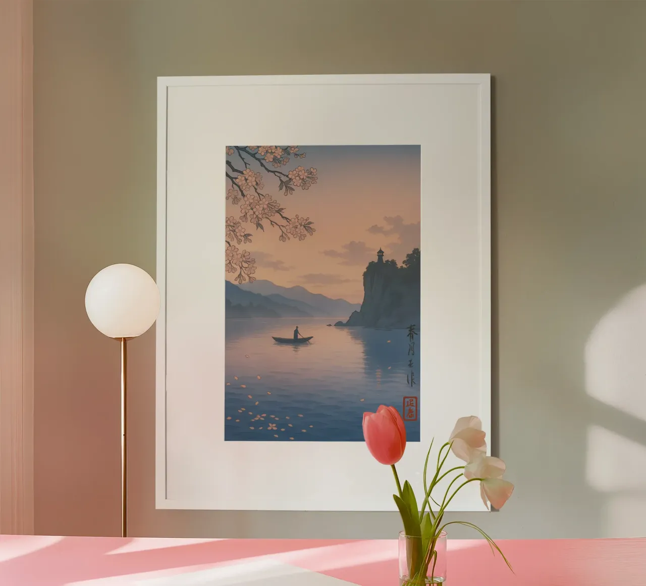 Sakura Roeiboot Schemering | Shin-hanga Kersenbloesem Print hahnemühle van Bakara