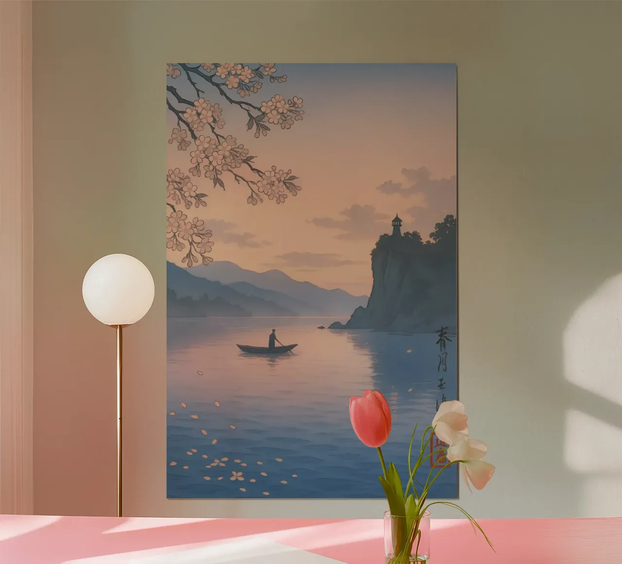 Sakura Roeiboot Schemering | Shin-hanga Kersenbloesem Print hahnemühle van Bakara