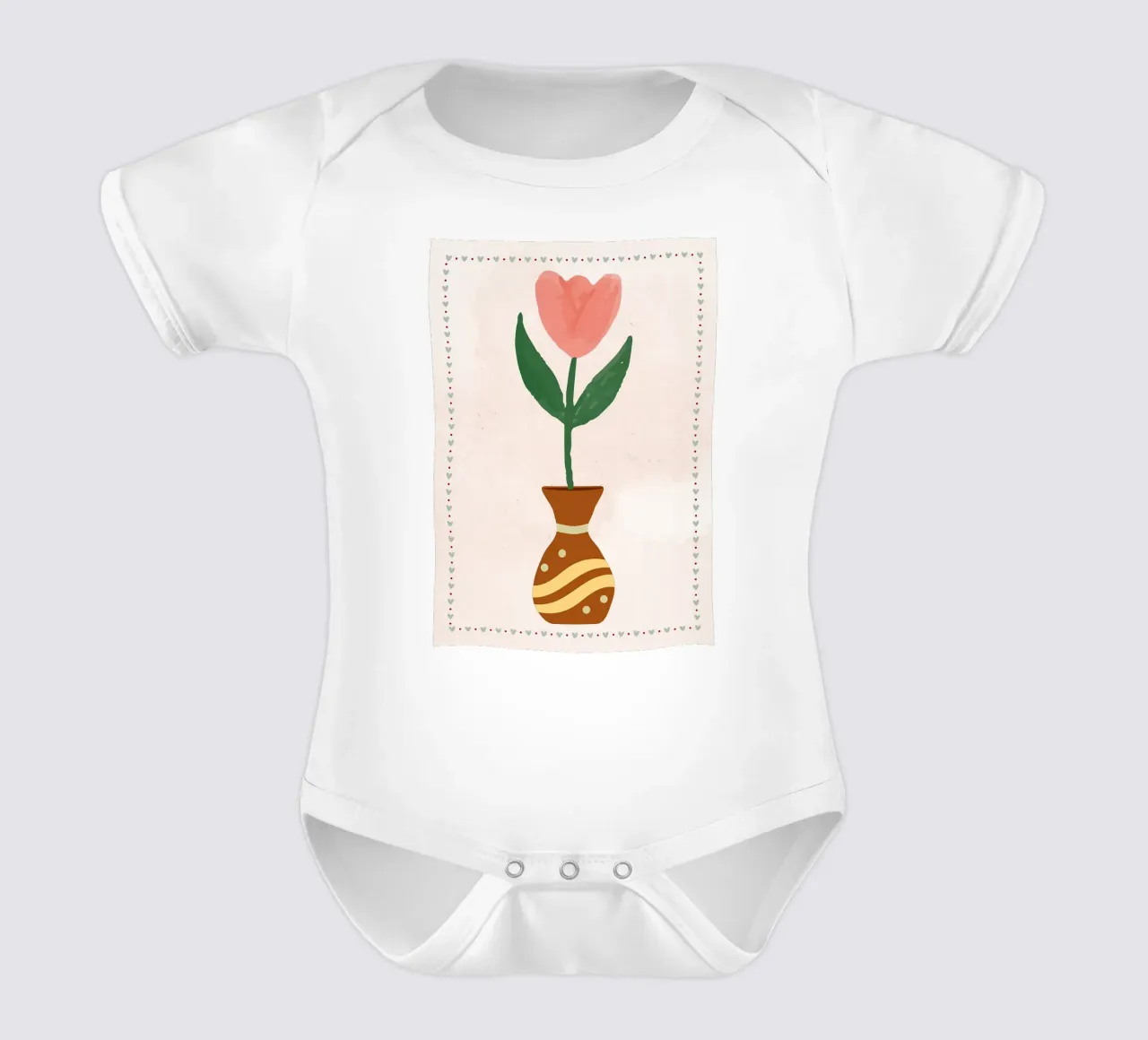 Ilustración de un tulipán rosa en un jarrón body de bebé de bazi