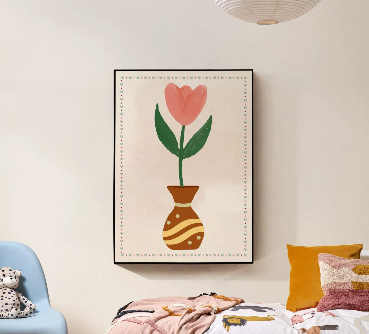 Ilustración de un tulipán rosa en un jarrón metacrilato de bazi