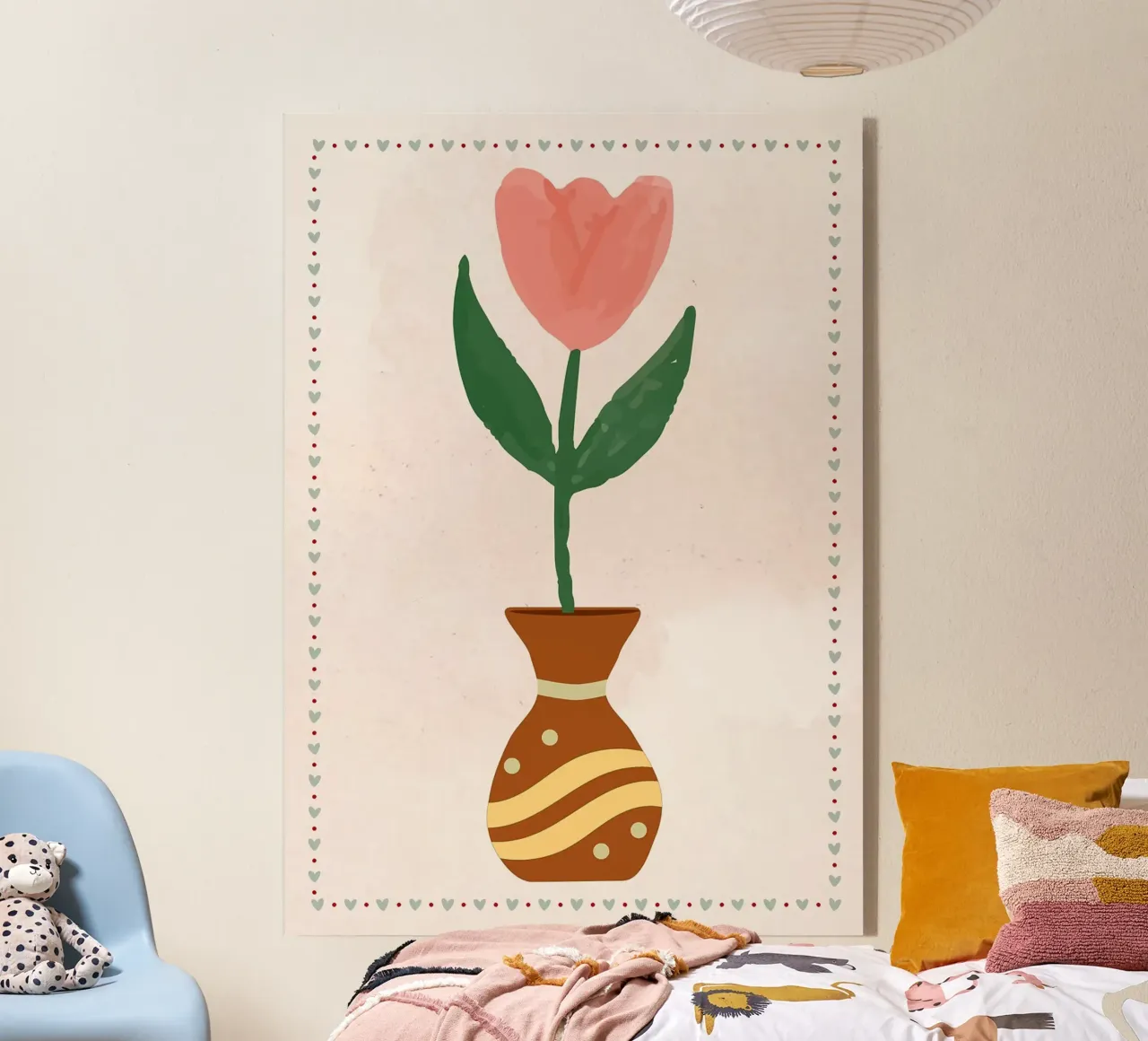 Ilustración de un tulipán rosa en un jarrón metacrilato de bazi