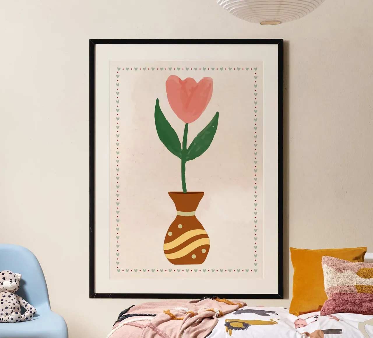 Ilustración de un tulipán rosa en un jarrón hahnemühle de bazi