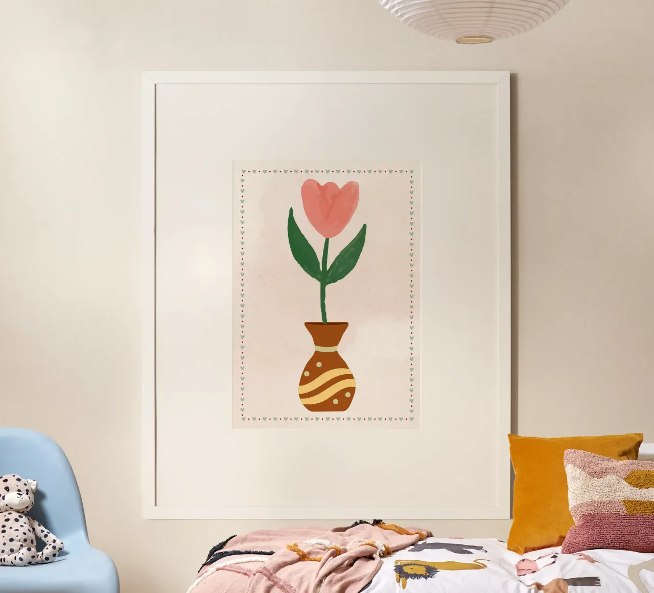 Ilustración de un tulipán rosa en un jarrón hahnemühle de bazi