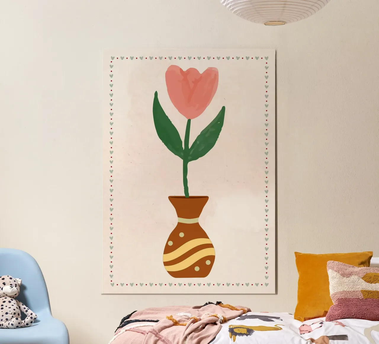 Ilustración de un tulipán rosa en un jarrón hahnemühle de bazi