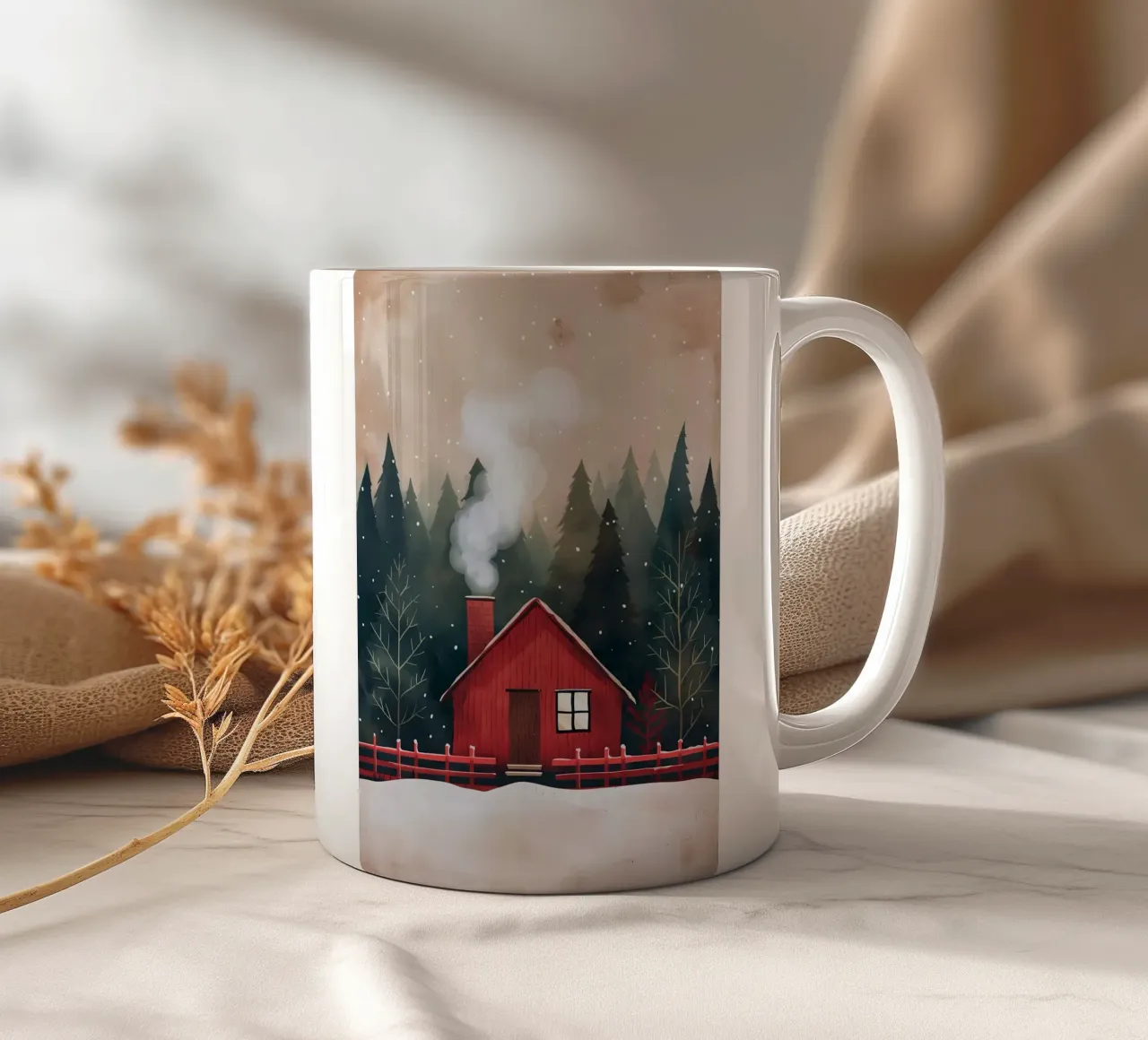 Accogliente cabina rossa in inverno tazza in ceramica da Nina Wolf