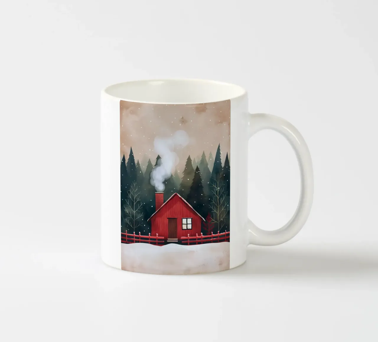 Accogliente cabina rossa in inverno tazza in ceramica da Nina Wolf