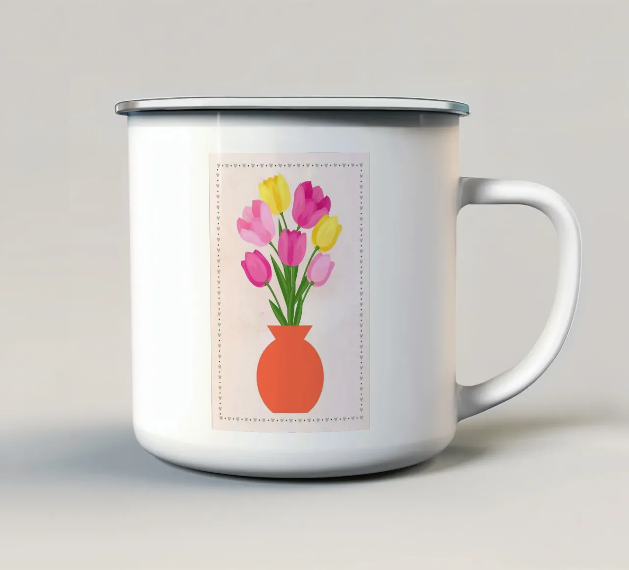 Illustrazione di tulipani in vaso tazza in smalto da bazi