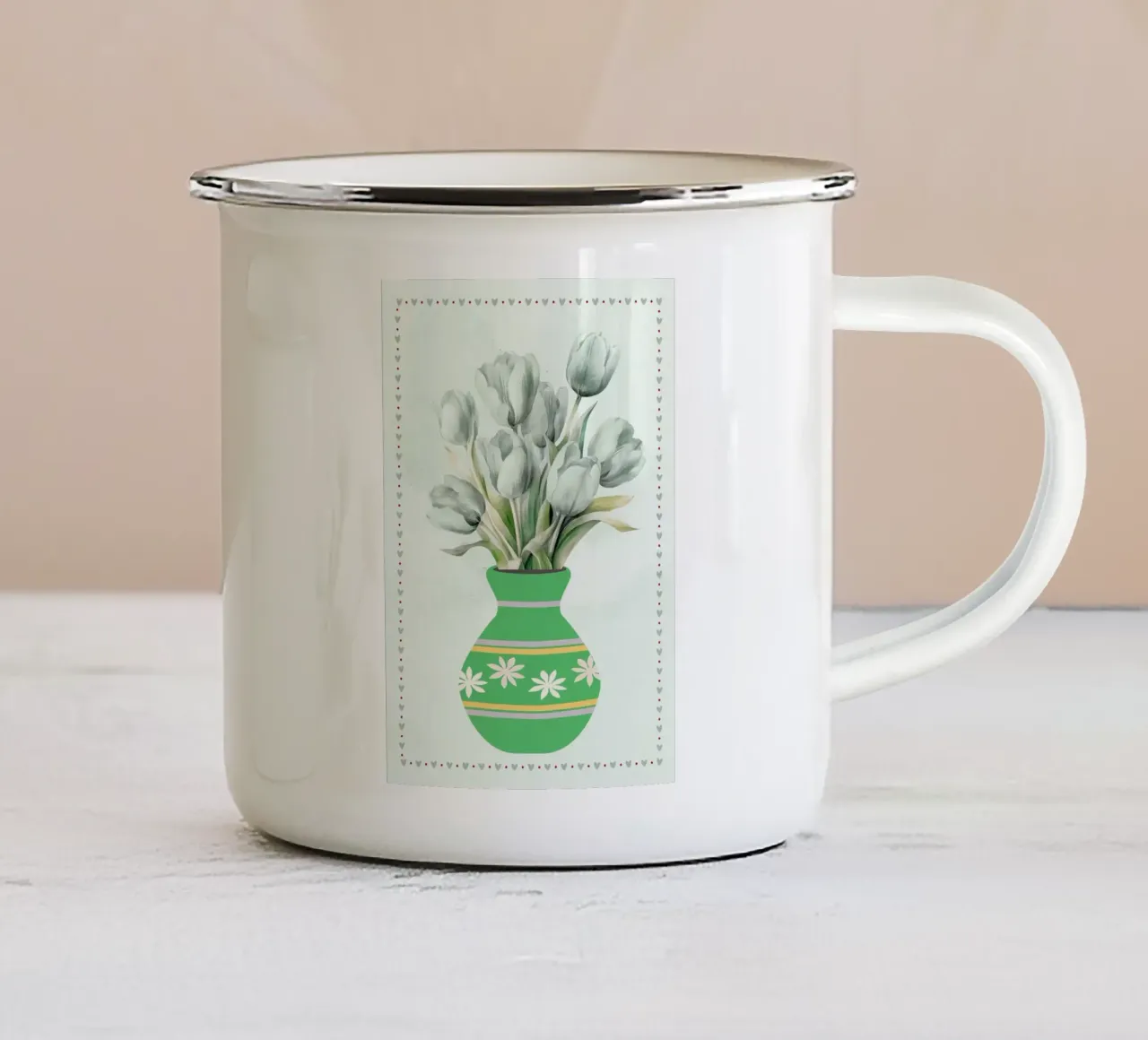Illustrazione di tulipani in vaso verde tazza in smalto da bazi