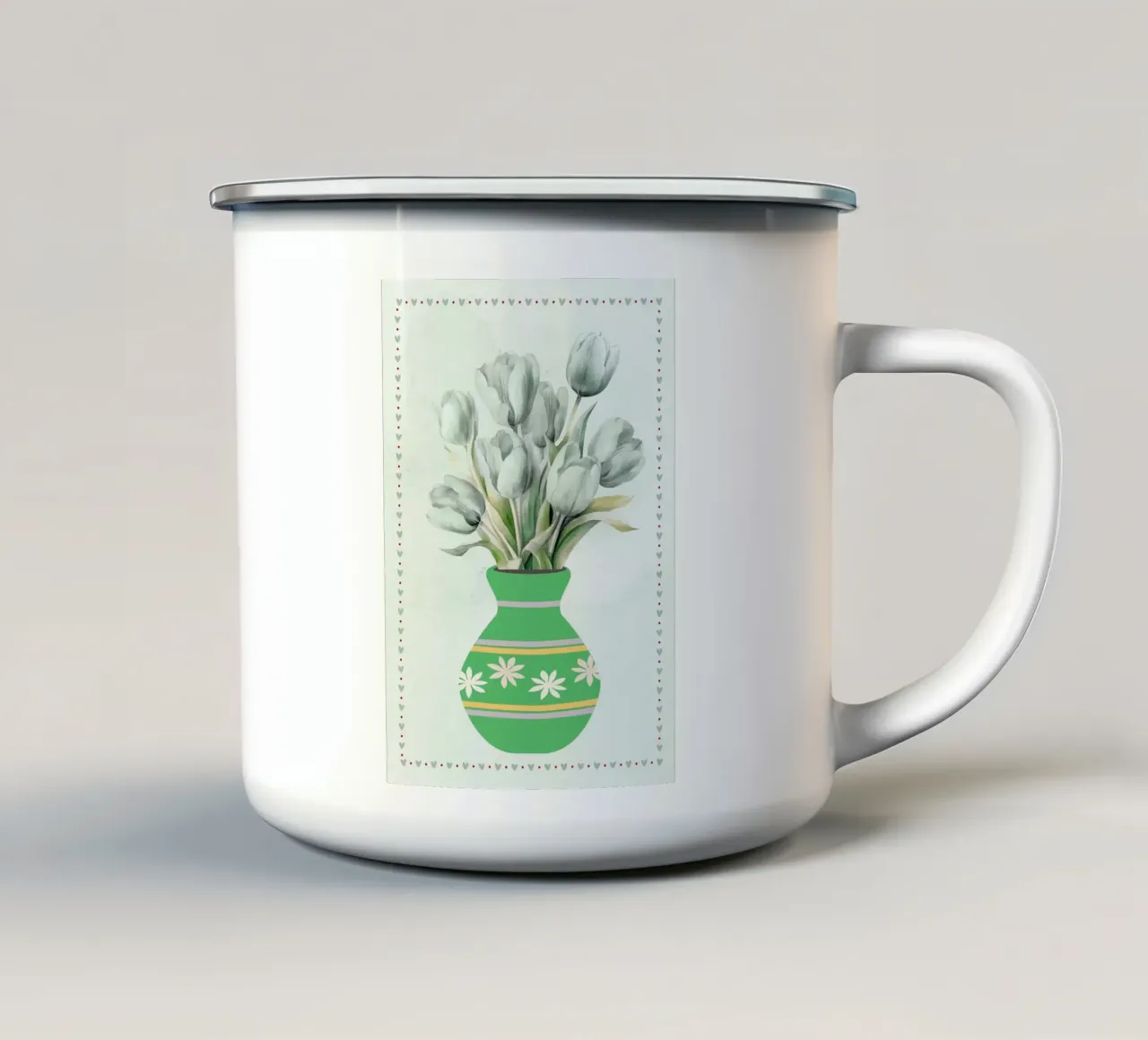 Illustrazione di tulipani in vaso verde tazza in smalto da bazi