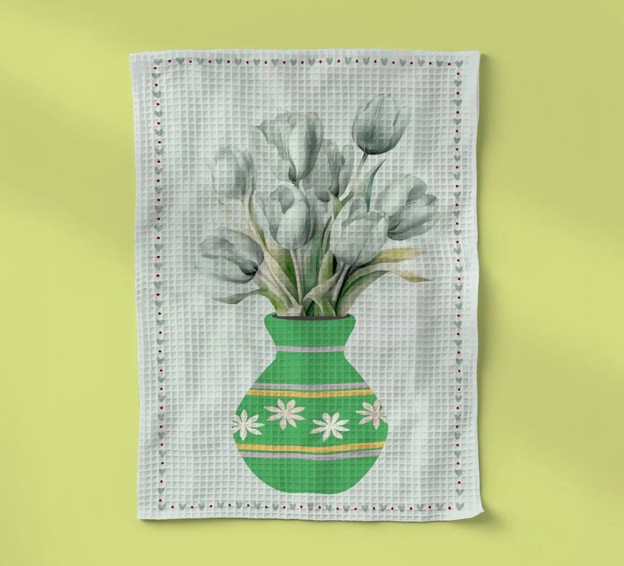Illustration de tulipes dans un vase vert torchon de bazi