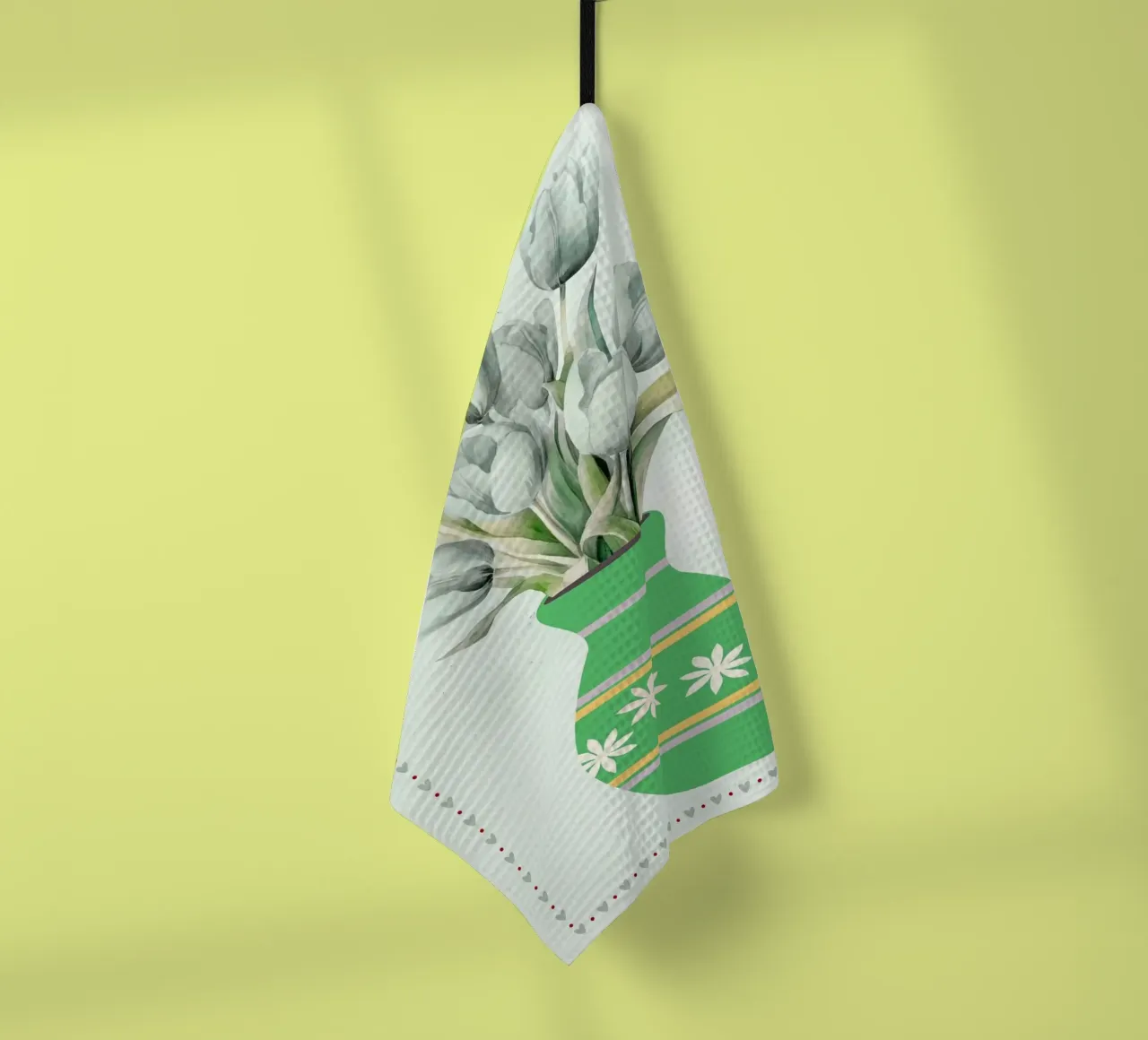 Illustration de tulipes dans un vase vert torchon de bazi