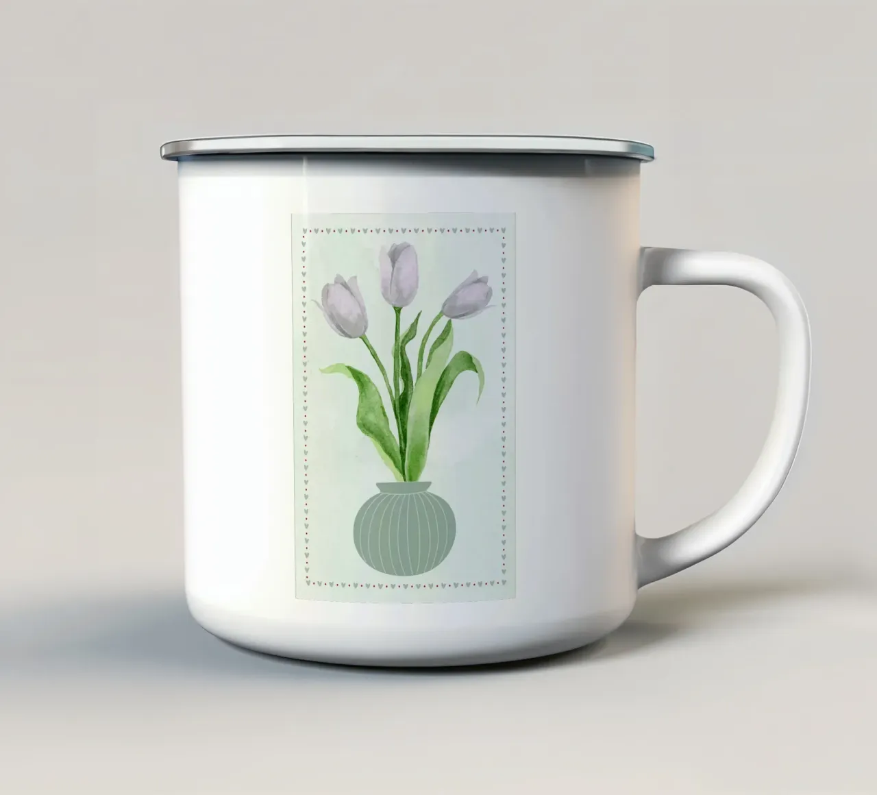 Tulipani acquerellati in vaso tazza in smalto da bazi